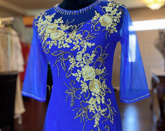 Vietnamese Ao Dai Long Dress, Three Layers with Hand-beading Details in Blue, Custom Size and Color | Áo Dài Mẹ, Trung Niên, May Theo Số Đo