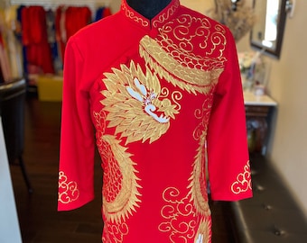 Vietnamese Modernized Men Ao Dai in Red and Gold, Hand Painted Dragon, Custom Size and Pre-made Sizes | Áo Dài Cách Tân Nam Vẽ Rồng