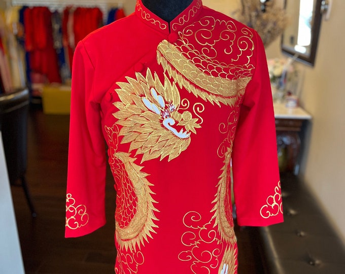 Vietnamese Modernized Men Ao Dai in Red and Gold, Hand Painted Dragon, Custom Size and Pre-made Sizes | Áo Dài Cách Tân Nam Vẽ Rồng