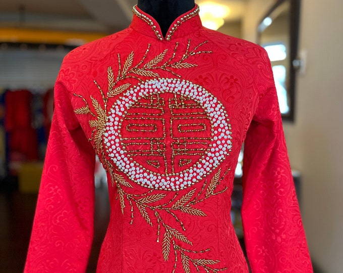 Vietnamese Wedding Ao Dai Long Dress, Red and Gold, Hand-beading Details, Custom Size, Multiple Headpiece Choices | Áo Dài Cưới Số Đo