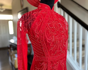 Vietnamese Wedding Ao Dai Long Dress, Red, Hand-beading Details, Custom Size, Multiple Headpiece Choices | Áo Dài Cưới, May Theo Số Đo