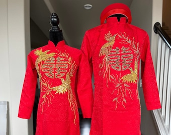 Traditional Wedding Couple Ao Dai Dress, in Red and Gold, with Hand-beading Dragon Details, Premade and Custom Size | Áo Dài Cưới Cặp Đôi