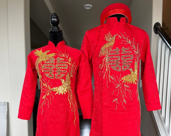 Traditional Wedding Couple Ao Dai Dress, in Red and Gold, with Hand-beading Dragon Details, Premade and Custom Size | Áo Dài Cưới Cặp Đôi