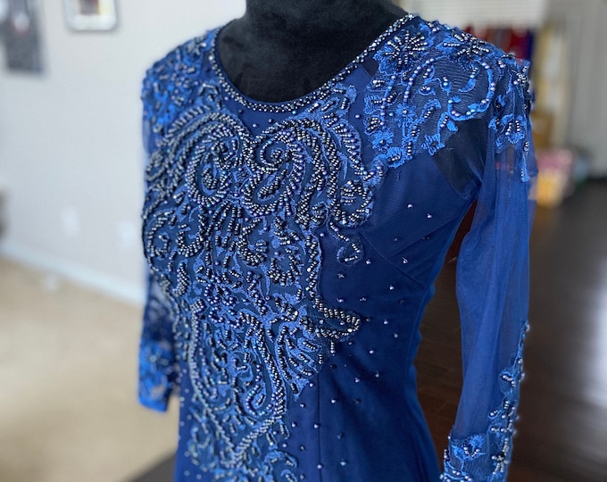 Vietnamese Ao Dai Long Dress, Three Layers with Hand-beading Details in Navy, Custom Size and Color | Áo Dài Mẹ, Trung Niên, May Theo Số Đo