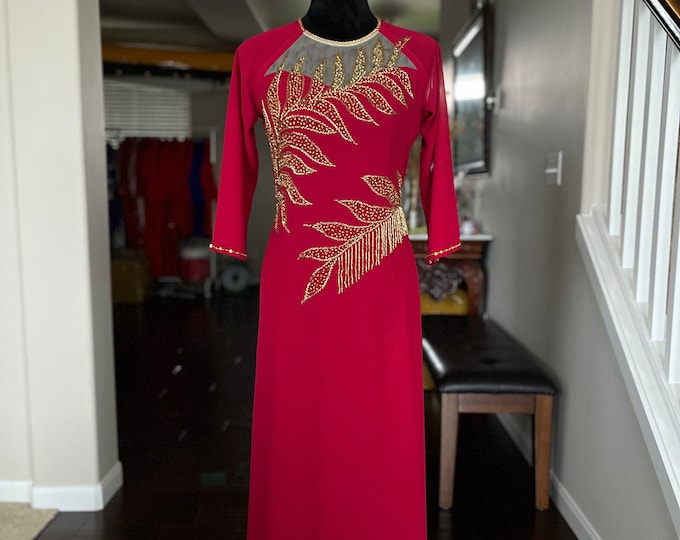 Vietnamese Ao Dai Dress, Double Layers Chiffon, Hand-beading Details in Burgundy, Custom Size and Colors | Áo Dài Trung Niên, May Theo Số Đo