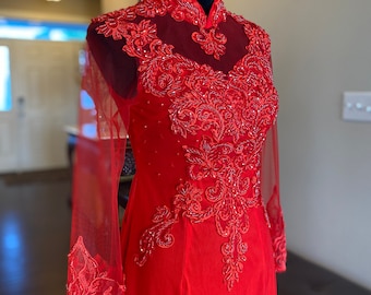 Vietnamese Wedding Ao Dai Long Dress, Red, Hand-beading Details, Custom Size, Multiple Headpiece Choices | Áo Dài Cưới, May Theo Số Đo