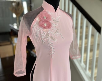 Vietnamese Bridesmaid Ao Dai Long Dress in Blush/Pink, with Pants, Custom Size | Áo Dài Dâu Phụ, Đặt May Theo Số Đo