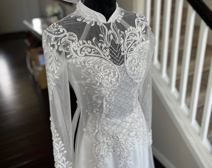 Vietnamese Wedding Ao Dai Long Dress, White, Hand-beading Detail, Custom Size, Multiple Headpiece Choices | Áo Dài Cưới, May Số Đo