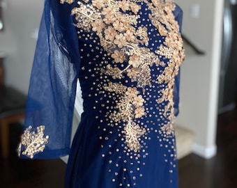 Vietnamese Ao Dai Long Dress, Three Layers with Hand-beading Details in Navy, Custom Size and Color | Áo Dài Mẹ, Trung Niên, May Theo Số Đo