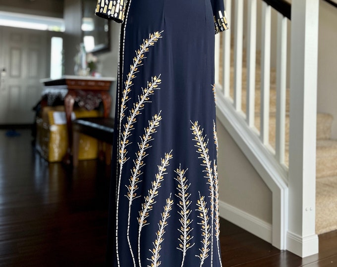 Vietnamese Ao Dai Long Dress, Double Layers with Hand-beading Details in Navy, Custom Size and Color | Áo Dài Mẹ, Trung Niên, May Theo Số Đo