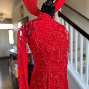 Vietnamese Wedding Ao Dai Long Dress, Red, Hand-beading Details, Custom Size, Multiple Headpiece Choices | Áo Dài Cưới, May Theo Số Đo