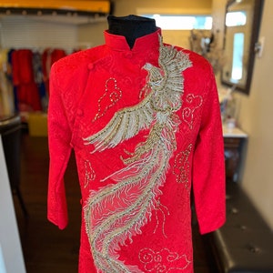 Vietnamese Modernized Men Ao Dai, with Headpiece, in Red with Gold Dragon, Custom Size and Pre-made Sizes | Áo Dài Cách Tân Nam