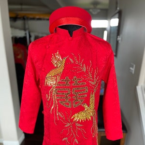 Vietnamese Modernized Men Ao Dai, with Headpiece, in Red with Gold Dragon, Custom Size and Pre-made Sizes | Áo Dài Cách Tân Nam