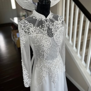 Vietnamese Wedding Ao Dai Long Dress, White, Hand-beading Detail, Custom Size, Multiple Headpiece Choices | Áo Dài Cưới, May Số Đo