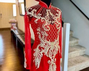 Vietnamese Wedding Ao Dai Long Dress, Red/Gold, Hand-beading Details, Custom Size, Multiple Headpiece Choices | Áo Dài Cưới, May Theo Số Đo