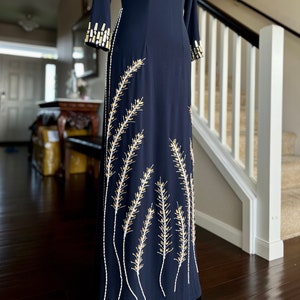 Vietnamese Ao Dai Long Dress, Double Layers with Hand-beading Details in Navy, Custom Size and Color | Áo Dài Mẹ, Trung Niên, May Theo Số Đo