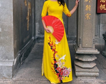 Pre-made Vietnamese Ao Dai in Yellow with Floral Print - Áo Dài Tết Kèm Quần
