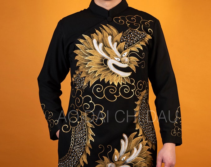 Vietnamese Modernized Men Ao Dai, Hand Painted Dragon, Custom Size and Pre-made Sizes | Áo Dài Cách Tân Nam