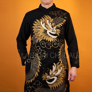 Vietnamese Modernized Men Ao Dai, Hand Painted Dragon, Custom Size and Pre-made Sizes | Áo Dài Cách Tân Nam