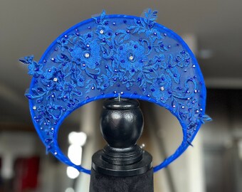 Made-to-order Modernized Headband for Vietnamese Ao Dai, in Blue, Headpiece, Adjustable - Mấn Khăn Đống Áo Dài Cưới