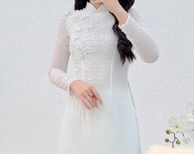 Vietnamese Wedding Ao Dai Long Dress, White, Hand-beading Detail, Custom Size, Multiple Headpiece Choices | Áo Dài Cưới, May Số Đo