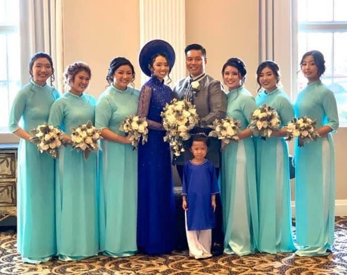 Vietnamese Bridesmaid Ao Dai Long Dress, with Pants, Chiffon Fabric, Custom Size and Colors | Áo Dài Dâu Phụ, Đặt May Theo Số Đo