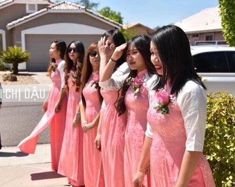 Vietnamese Bridesmaid Ao Dai Long Dress, with Pants, Elastic Soft Silk Fabric, Custom Size and Colors | Áo Dài Dâu Phụ, Đặt May Theo Số Đo