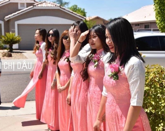 Vietnamese Bridesmaid Ao Dai Long Dress, with Pants, Elastic Soft Silk Fabric, Custom Size and Colors | Áo Dài Dâu Phụ, Đặt May Theo Số Đo