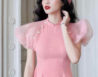 Vietnamese Bridesmaid Ao Dai Long Dress in Pink, with Pants and Headpiece | Áo Dài Phụ Dâu