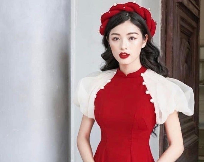 Vietnamese Bridesmaid Ao Dai Long Dress in Red, with Pants and Headpiece | Áo Dài Phụ Dâu