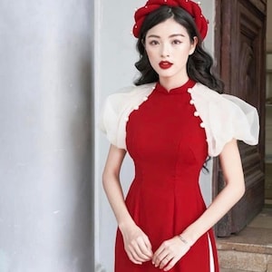 Vietnamese Bridesmaid Ao Dai Long Dress in Red, with Pants and Headpiece | Áo Dài Phụ Dâu