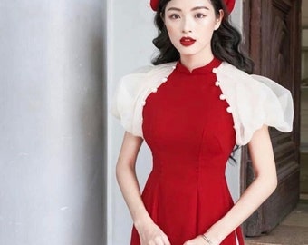 Vietnamese Bridesmaid Ao Dai Long Dress in Red, with Pants and Headpiece | Áo Dài Phụ Dâu