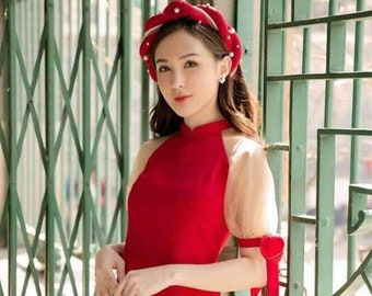 Vietnamese Bridesmaid Ao Dai Long Dress in Red, with Pants and Headpiece, Custom Size | Áo Dài Dâu Phụ, Đặt May Theo Số Đo