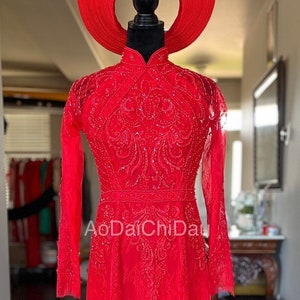 Vietnamese Wedding Ao Dai Long Dress, Red, Hand-beading Details, Custom Size, Multiple Headpiece Choices Áo Dài Cưới, May Theo Số Đo image 2