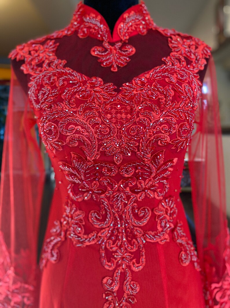 Vietnamese Wedding Ao Dai Long Dress Red Hand-beading | Etsy