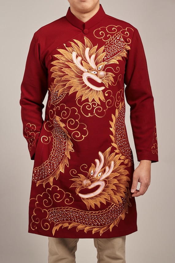 Men's ao dai in Champaigne color with Dragon design - Vietnamese national clothing. main image 0