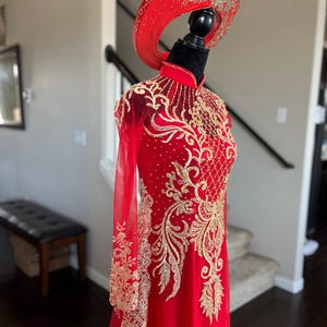 Vietnamese Wedding Ao Dai Long Dress, Red/Gold, Hand-beading Details, Custom Size, Multiple Headpiece Choices | Áo Dài Cưới, May Theo Số Đo