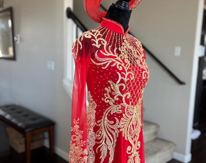 Vietnamese Wedding Ao Dai Long Dress, Red/Gold, Hand-beading Details, Custom Size, Multiple Headpiece Choices | Áo Dài Cưới, May Theo Số Đo