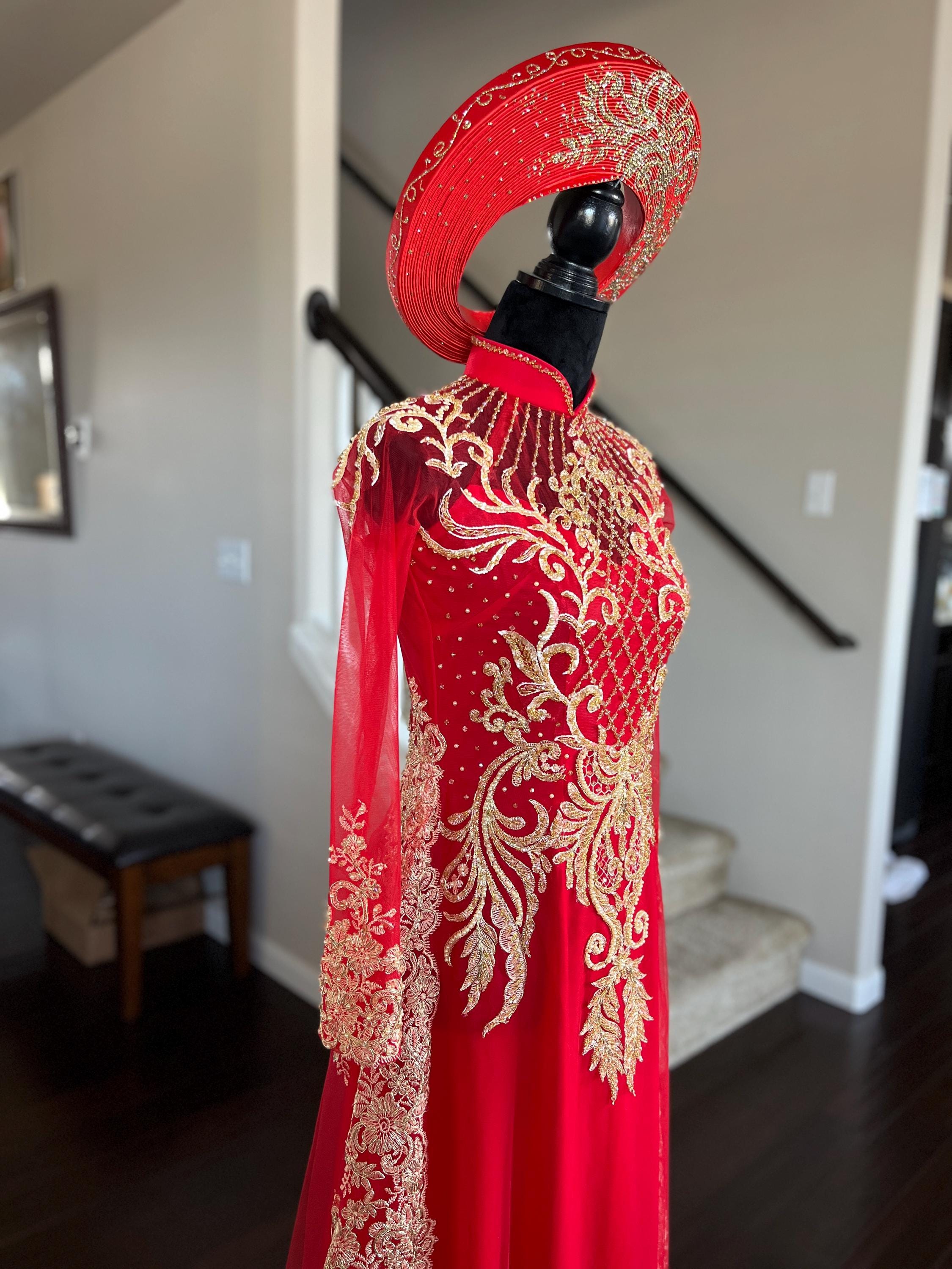Vietnamese Wedding Ao Dai Long Dress Red Gold Hand beading Details Custom Size Multiple Headpiece Choices Ao Dai C i May Theo S o