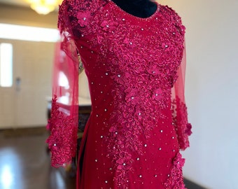 Vietnamese Ao Dai Long Dress, Three Layers with Hand-beading Details in Burgundy, Custom Size and Color | Áo Dài Trung Niên, May Theo Số Đo