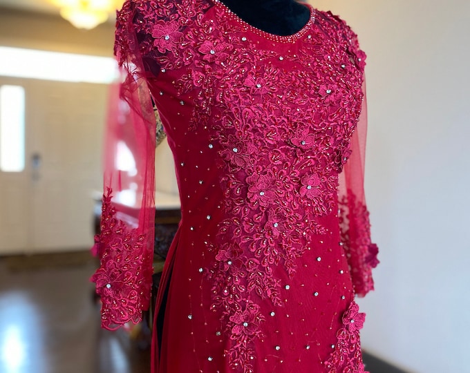 Vietnamese Ao Dai Long Dress, Three Layers with Hand-beading Details in Burgundy, Custom Size and Color | Áo Dài Trung Niên, May Theo Số Đo