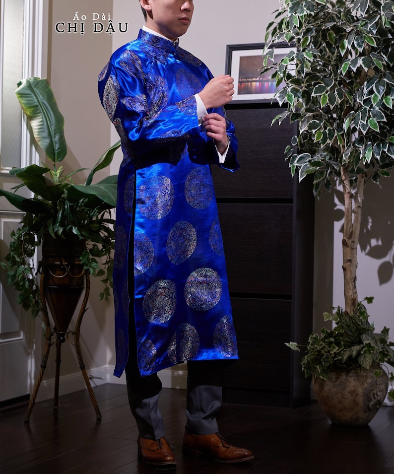 Vietnamese Traditional Men Ao Dai, with Headpiece, in Blue, Custom Size and Pre-made Sizes Áo Dài Cách Tân Nam image 1