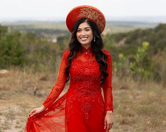 Vietnamese Wedding Ao Dai Long Dress, Red, Hand-beading Details, Custom Size, Multiple Headpiece Choices | Áo Dài Cưới, May Theo Số Đo