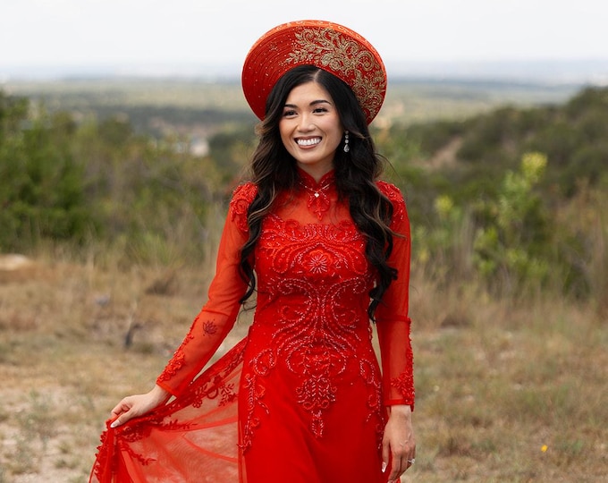 Vietnamese Wedding Ao Dai Long Dress, Red, Hand-beading Details, Custom Size, Multiple Headpiece Choices | Áo Dài Cưới, May Theo Số Đo