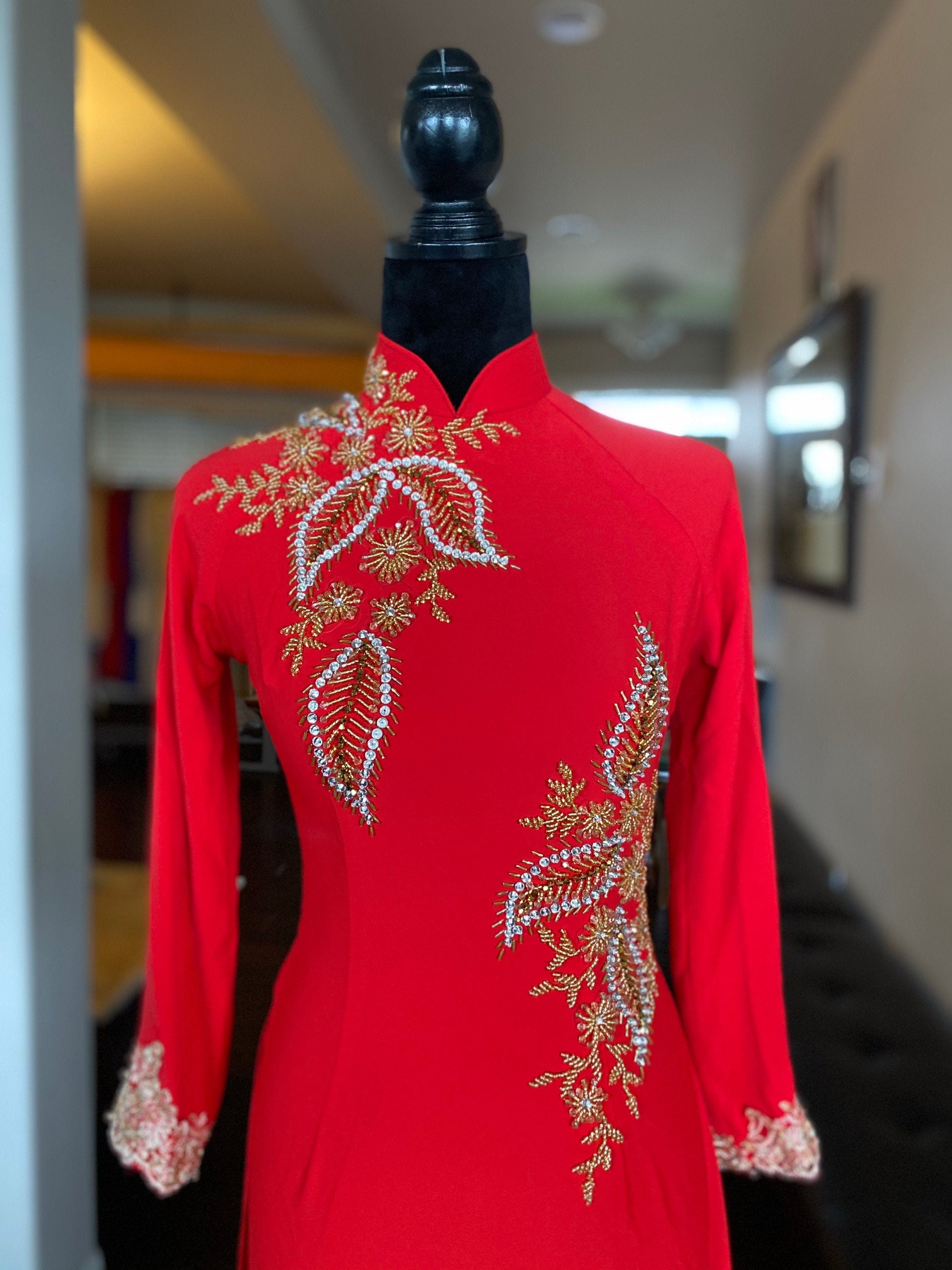 Vietnamese Wedding Ao Dai Long Dress with a Train, Red/Gold, Hand-beading Details, Custom Size, Multiple Headpiece Choices | Áo Dài Cưới Vietnamese Wedding Ao Dai Long Dress with a Train, Red/Gold, Hand-beading Details, Custom Size, Multiple Headpiece Choices | Áo Dài Cưới
