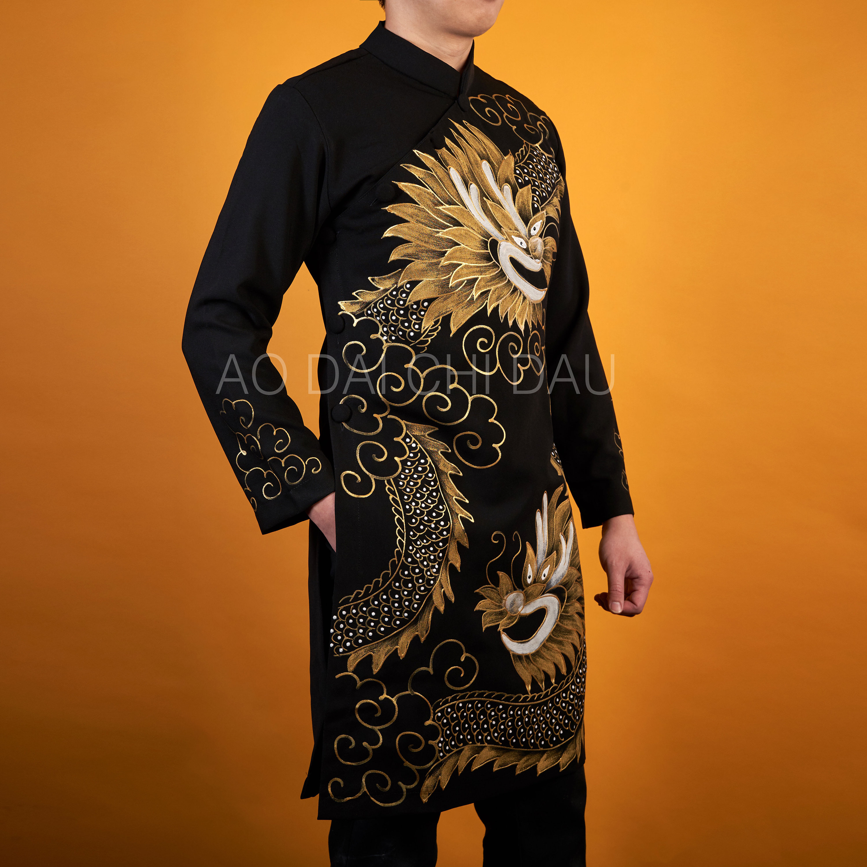 Vietnamese Modernized Men Ao Dai, Hand Painted Dragon, Custom Size