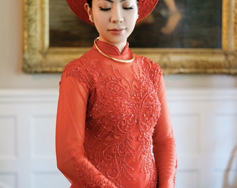 Vietnamese Wedding Ao Dai Long Dress, Red, Hand-beading Details, Custom Size, Multiple Headpiece Choices | Áo Dài Cưới, May Theo Số Đo