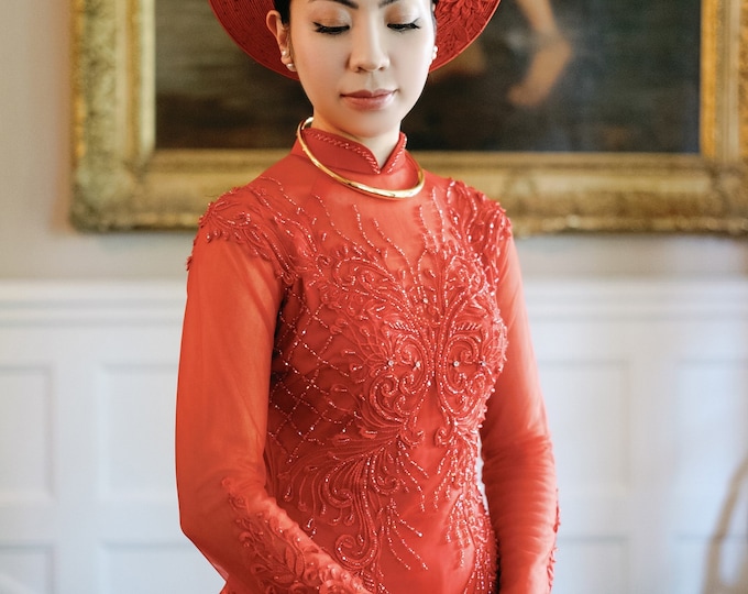 Vietnamese Wedding Ao Dai Long Dress, Red, Hand-beading Details, Custom Size, Multiple Headpiece Choices | Áo Dài Cưới, May Theo Số Đo