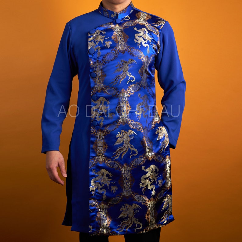 Vietnamese Modernized Men Ao Dai, with Headpiece, in Blue and Gold, Custom Size and Pre-made Sizes Áo Dài Cách Tân Nam image 1