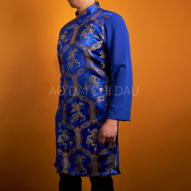 Vietnamese Modernized Men Ao Dai, with Headpiece, in Blue and Gold, Custom Size and Pre-made Sizes Áo Dài Cách Tân Nam image 2